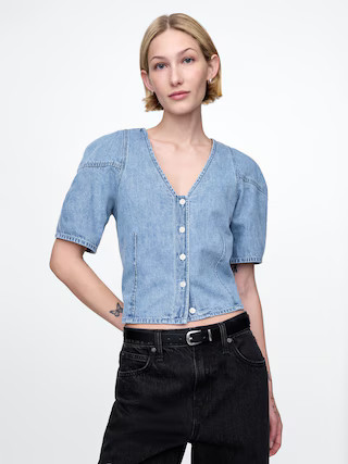 Cropped Puff-Sleeve Denim Shirt | Gap (US)