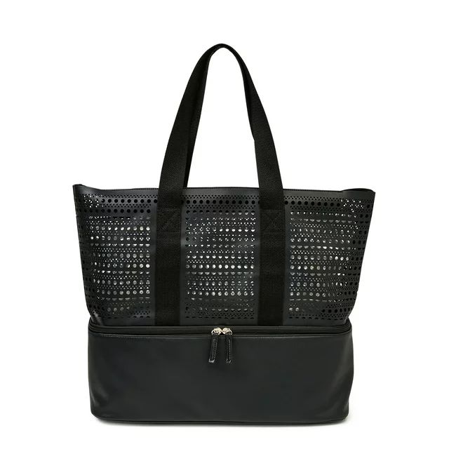 No Boundaries Women’s Beach Tote Handbag with Zip Bottom Cooler Black Perforated | Walmart (US)