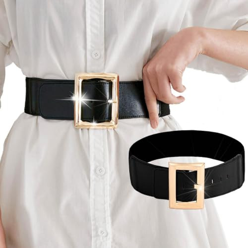 Yalice Wide Elastic Belt Women Gold Buckle Waist Belts for Dresses Retro Cinch Stretchy Belt for Ladies (Black, Fit Waist Size:40''-47'') | Amazon (US)