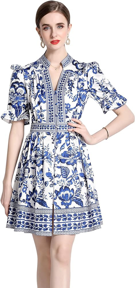 LAI MENG FIVE CATS Women's Button Up Short Puff Sleeve V-Neck Floral Print Split Casual Mini Dres... | Amazon (US)