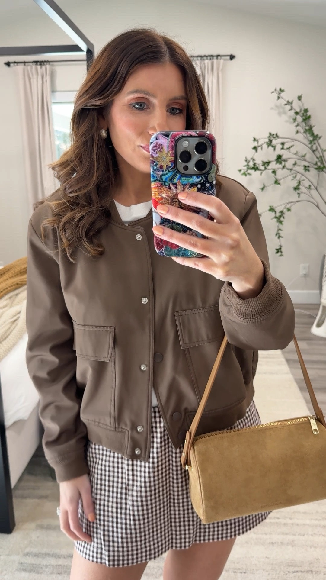 Casual early spring outfit, brown bomber jacket basic white tee, white crop top, gingham skort, ballet sneakers, suede shoulder bag, Amazon suede handbag, easy outfit 

#LTKSeasonal #LTKootd #LTKSaleAlert