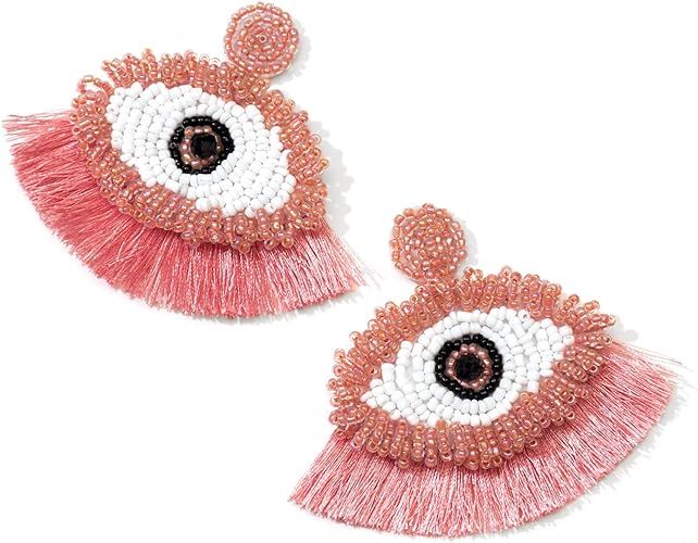 Evil Eye Statement Drop Earrings Seed Beaded Eye Tassel Fringe Earrings for Women Girls Jewelry | Amazon (US)