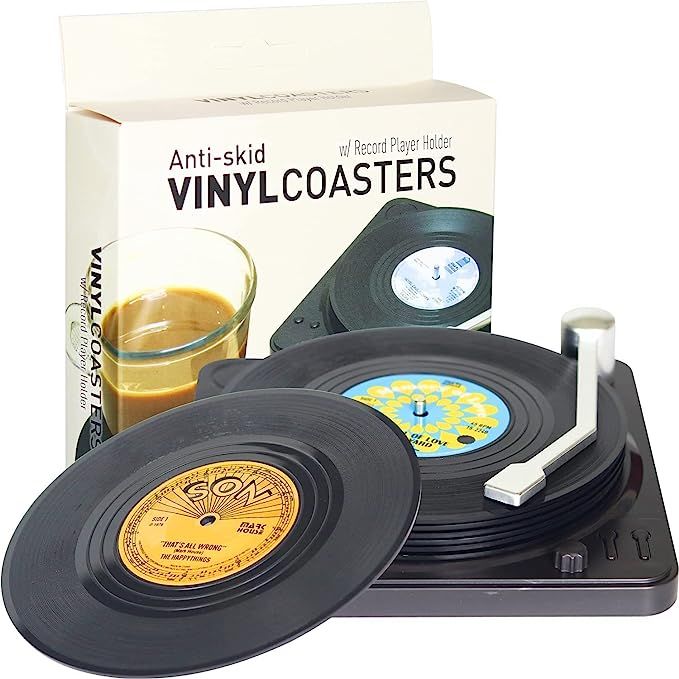 Funny Retro Vinyl Record Coasters for Drinks with Vinyl Record Player Holder for Music Lovers,Set... | Amazon (US)