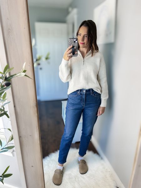 Old Navy try on, fall outfit, neutral outfit, winter outfit, casual outfit

1/2-Zip Shaker-Stitch Pullover — TTS, S
High-Waisted OG Straight Built-In Warm Ankle Jeans — TTS, 6
Birkenstocks- TTS

#LTKstyletip #LTKSeasonal #LTKfindsunder50
