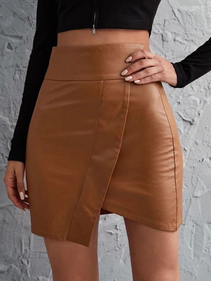 SHEIN Privé Faux Leather Asymmetrical Hem Skirt | SHEIN