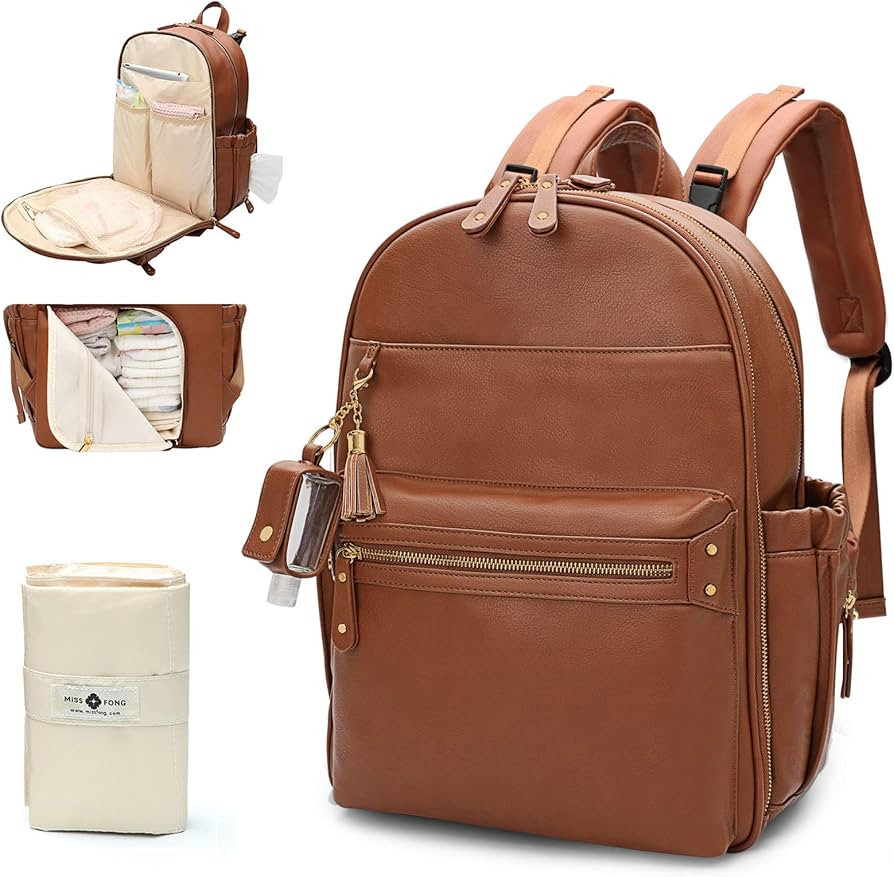 miss fong Diaper Bag Backpack Leather Diaper Bag, Baby Diaper Bag for Baby Girls & Boys, 16 Pocke... | Amazon (US)