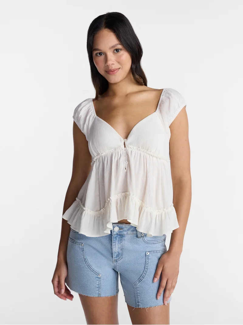 No Boundaries Boho Woven Babydoll Top, Women's XXS-XXL | Walmart (US)