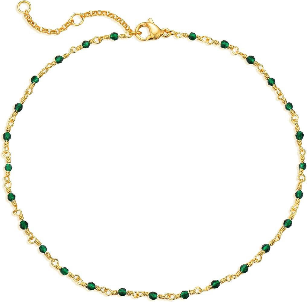 MTMY Gold Anklets for Women 14K Gold Plated Tiny Bead Anklet Green Rose Colorful Cubic Zirconia T... | Amazon (US)