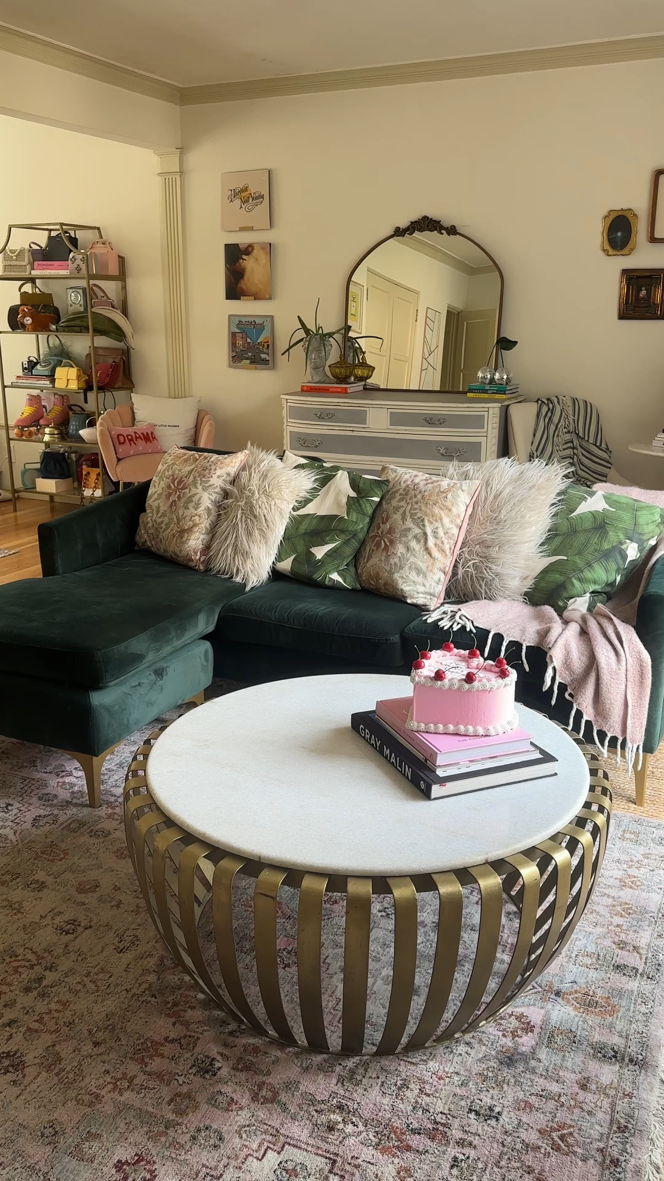 Living room home decor, wayfair green velvet couch, sofa, pink soft wool-blend throw blanket from H&M, affordable, budget friendly, under $30, Apple the Snake by Willa Heart in Gold Framed Paper, Medium Art Print, chairish, wall art, Better Homes & Gardens Feather Filled Botanical Palm Leaves Decorative Throw Pillow, Walmart, Melodieux White Linen Textured Semi Sheer Curtains 96 Inches Long for Living Room Bedroom Natural Flax Linen Rod Pocket Voile Drapes, Amazon home, Faxon Oriental Pink/Beige Area Rug - on sale now, Hand Braided Jute Rug from rugs.com, string lights, home accents, Anthropologie linen white chair, palm print pillow, gold antique inspired / vintage inspired, Parisian inspired, Round White Marble And Black Metal Bistro Accent Table, on the patio, black and white marble, gift ideas

#LTKfindsunder100 #LTKhome #LTKfindsunder50