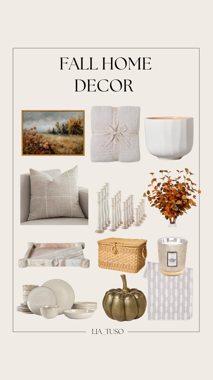Neutral Fall Home Decor || Rustic Lattice Cotton Linen Decorative Throw Pillow || Woven Linework Throw Blanket || Cast Metal Pumpkin Canister || Fall Eucalyptus Leaves || Lidded Rattan Basket || Marble Catchall Tray Off-White || Speckle-Faceted Ceramic Pampas Jar || Barefoot Dreams CozyChic Throw || Gibson Elite Matisse Double Bowl Dinnerware Set 

#FallHomeDecor #HomeDecor 

 #LTKSeasonal #LTKHome