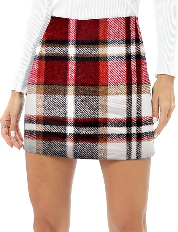 Gacaky Womens Casual High Waist Plaid Skirt Fall Wool Pencil Mini Skirts | Amazon (US)