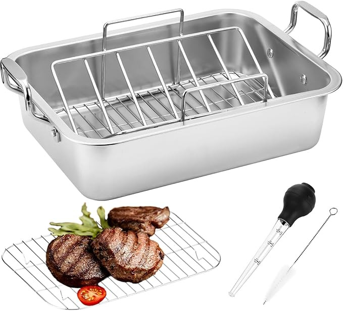 15 Inch Stainless Steel Roasting Pan with V-Shaped Rack and Turkey Baster - Rectangular Roaster f... | Amazon (US)