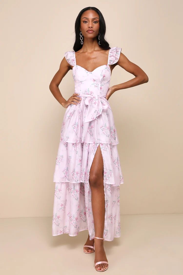 Sweetest Emotion Lilac Floral Ruffled Tiered Bustier Midi Dress | Lulus