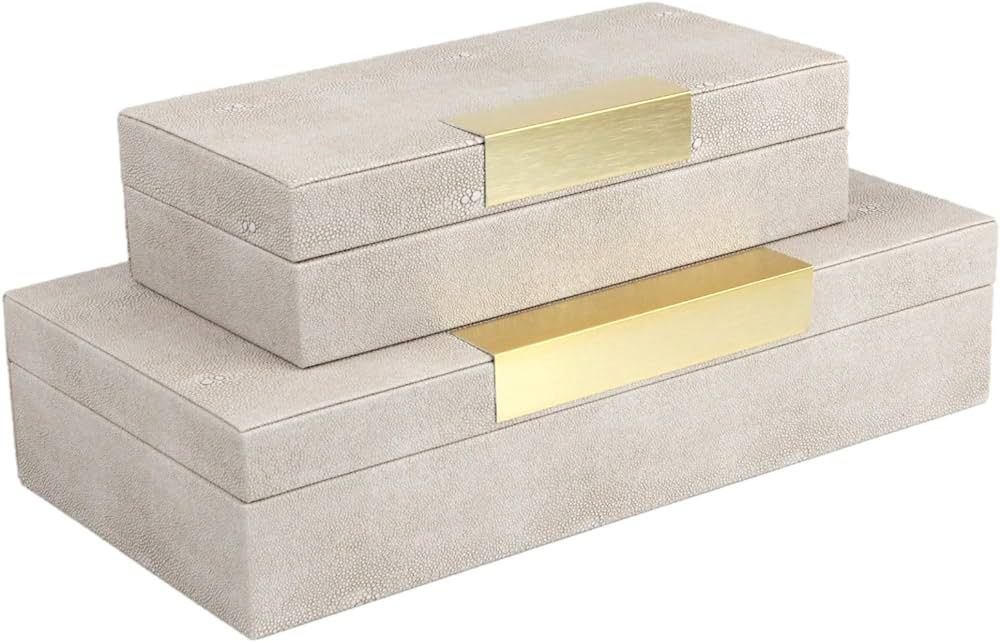 BRANDLOUIE Decorative Boxes 2 Pc. Set, Shagreen Faux Leather Ivory Gold Accents, for Jewelry, Cos... | Amazon (US)
