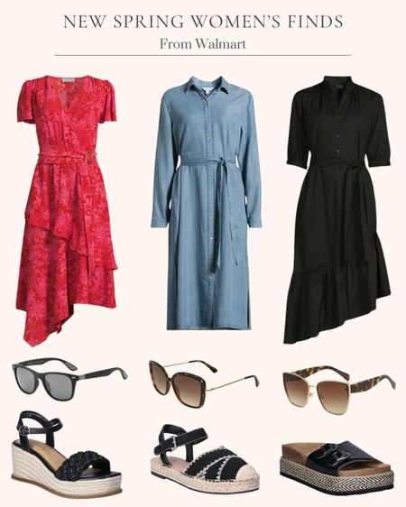 New spring women’s fashion finds at Walmart. Tortoise glasses. Classic square black sunglasses. Oversize cat eye sunglasses. Black Asymmetric ruffled midi dress. Denim button front shirt dress. Black braided wedge sandals. Faux wrap dress with flutter sleeves. Platform footbed sandal. Spring outfit. Date night outfit. Wedding guest dress. Vacation outfit  

#LTKmidsize #LTKover40 #LTKfindsunder50