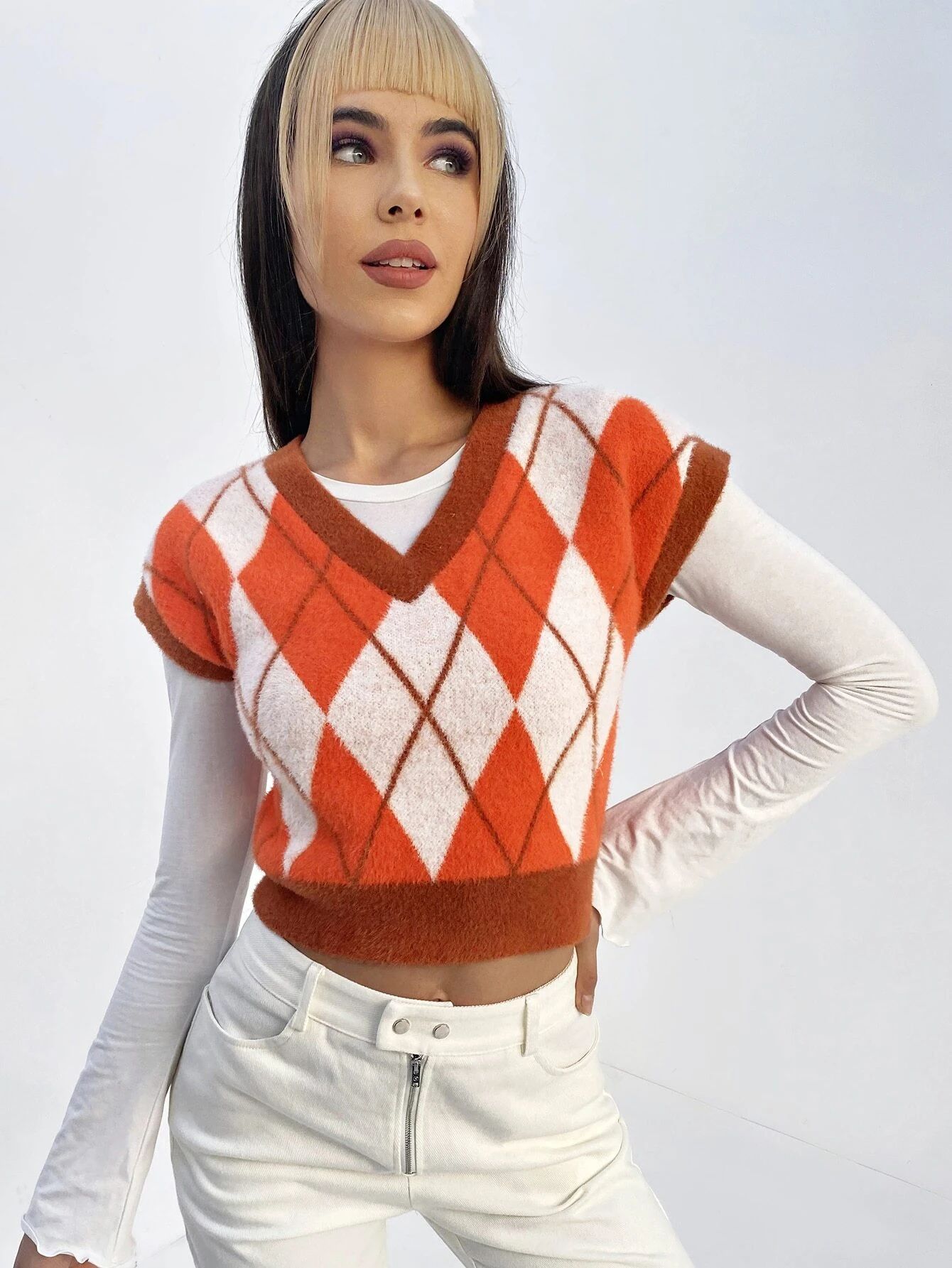 SHEIN Qutie Argyle Pattern Fuzzy Sweater Vest Without Tee | SHEIN