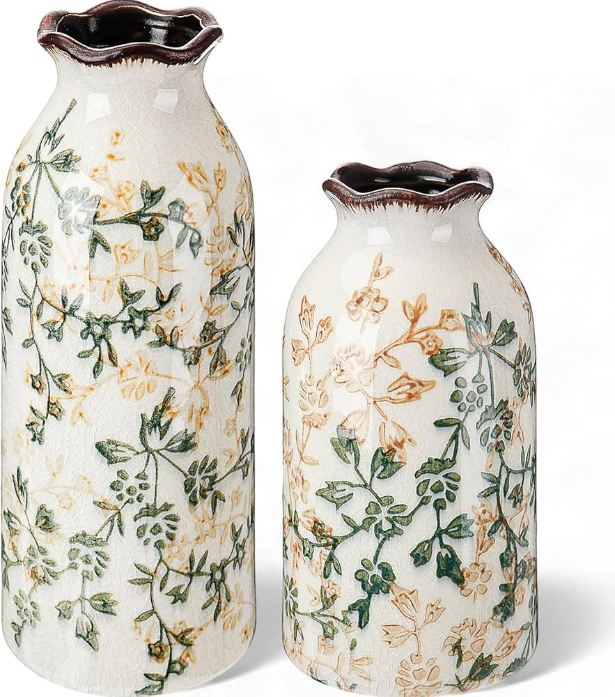 2 Pcs Green and Beige Vintage Vase Ceramic Chinoiserie Floral Vase Cracked for Rustic Home Booksh... | Amazon (US)