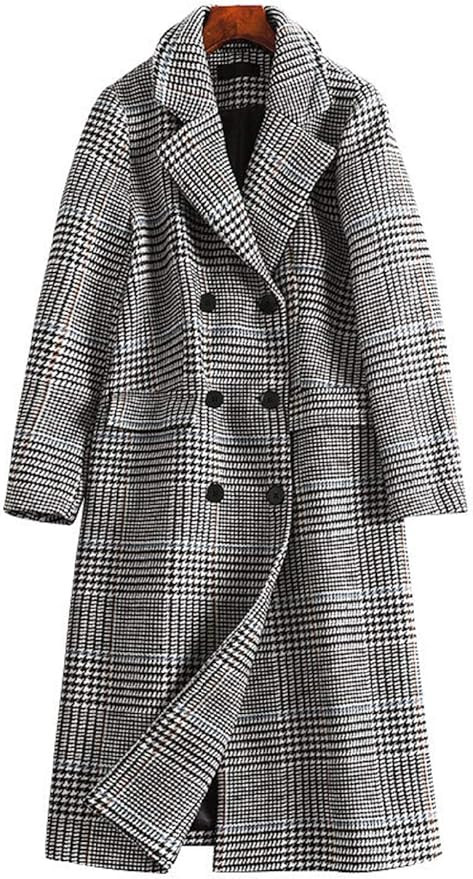 CHARTOU Women's Notched Collar Double Breasted Houndstooth Woolen Long Trench Peacoat | Amazon (US)