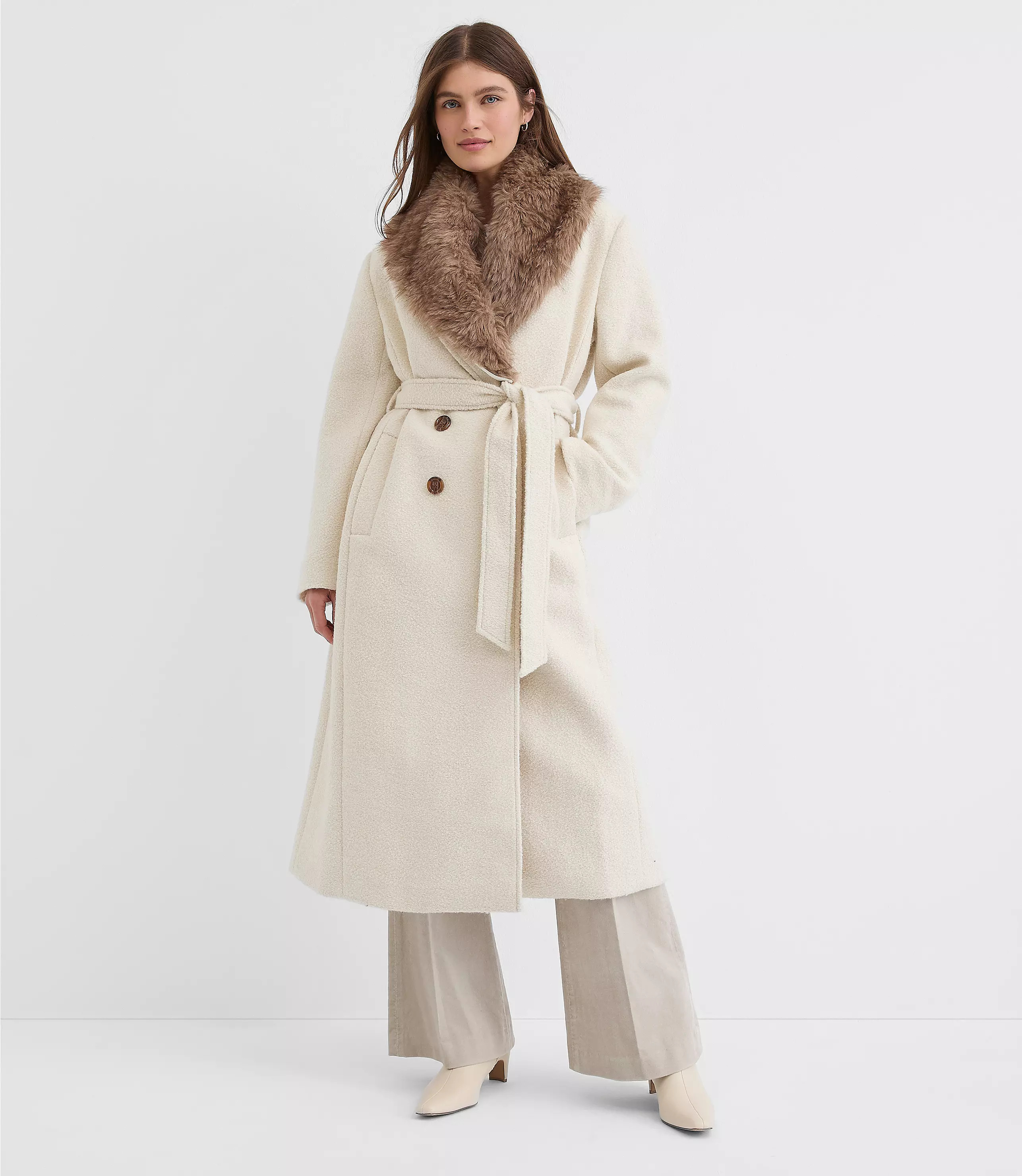 Petite Faux Fur Shawl Collar Belted Coat | LOFT