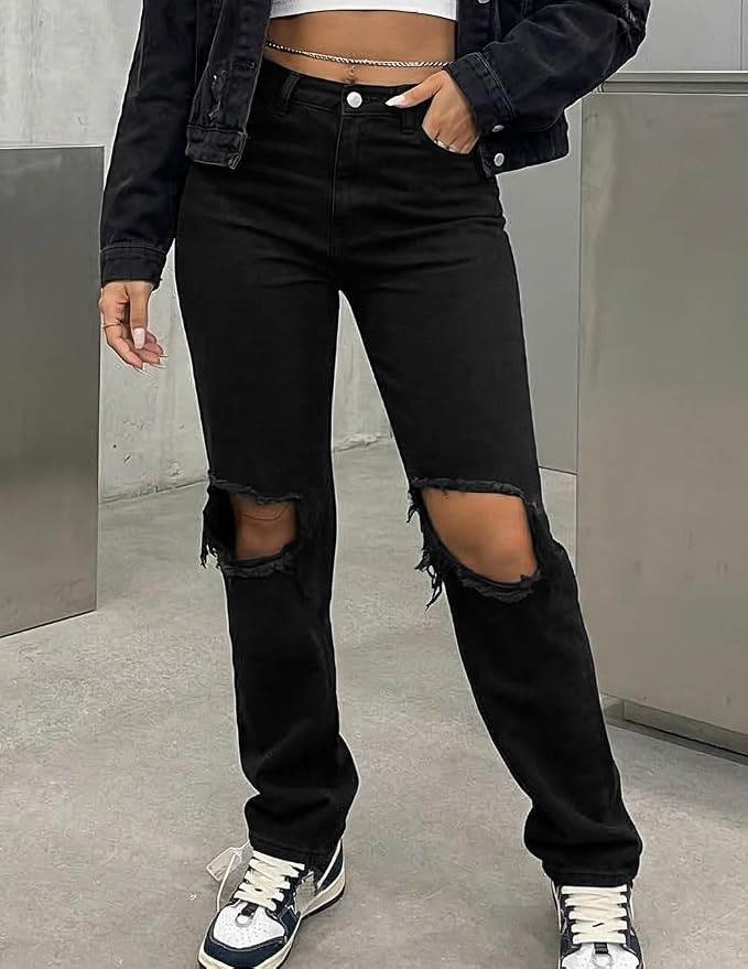 Womens Ripped Straight Leg Jeans High Waisted Distressed Casual Baggy Denim Pants | Amazon (US)