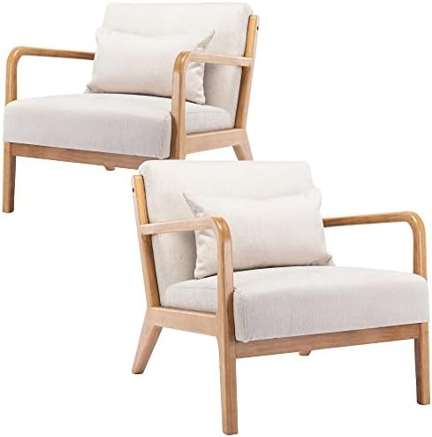 DM-Furniture Modern Accent Chair Oak Wooden Armchair Linen Fabric Upholstered Side Chair for Livi... | Amazon (US)