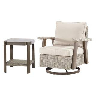 Wicker Outdoor Swivel Lounge Chair with Beige Cushions and Side Table | The Home Depot