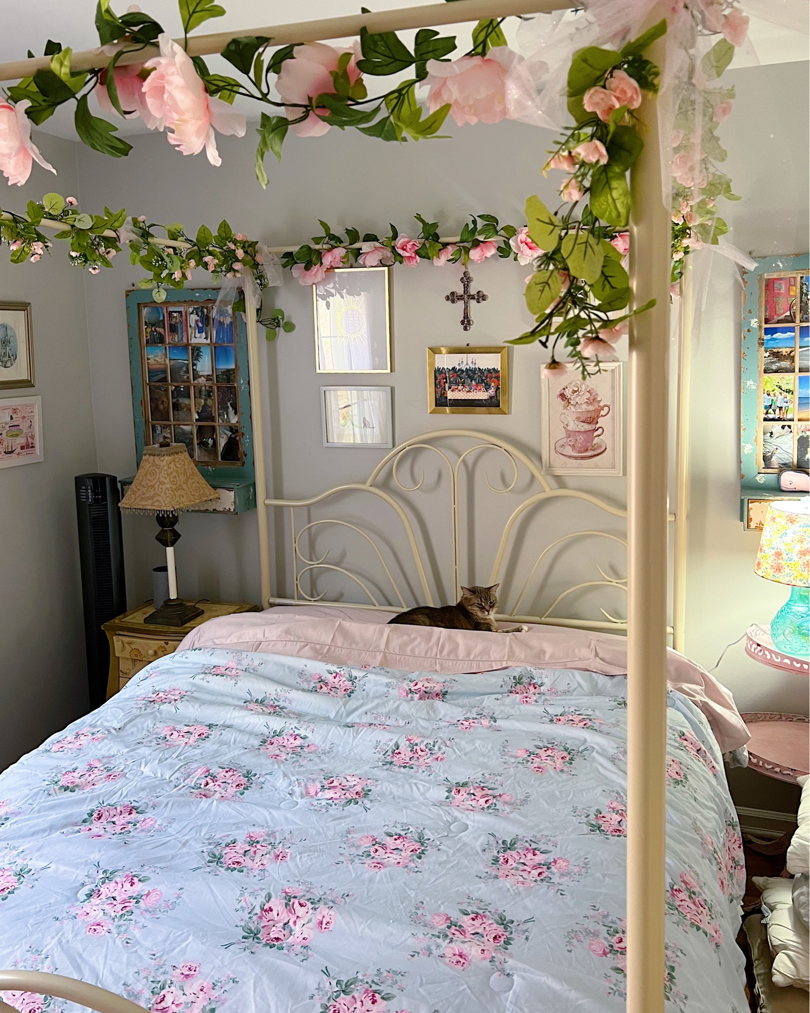 Shabby chic bedding from Walmart is great quality and only $45 for a 4 piece set! LoveShackFancy dupe bedding, shabby chic comforter, canopy bed, faux flowers, feminine bedroom, girls bedroom 

#LTKunder50 #LTKhome #LTKFind