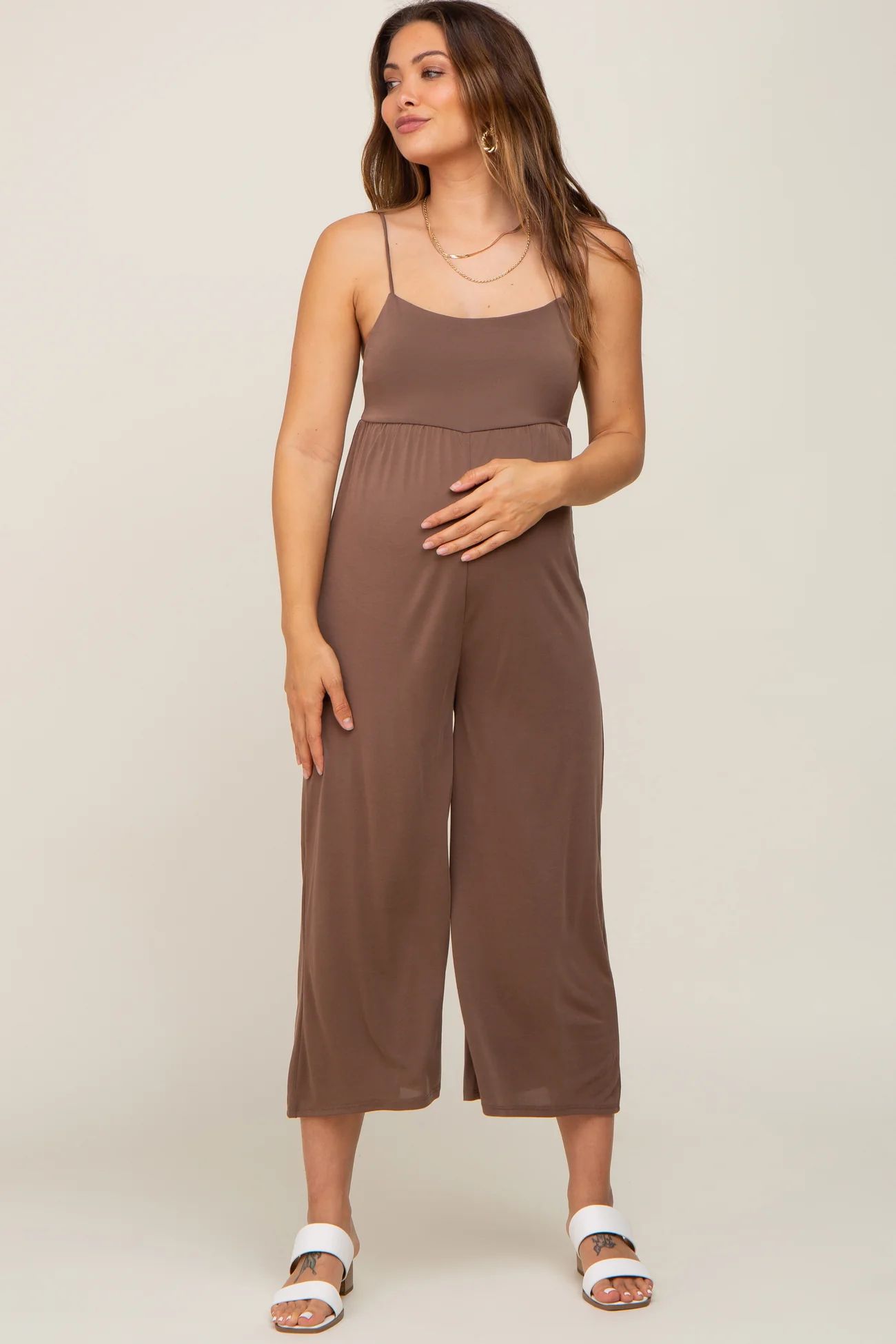 Brown Sleeveless Cropped Maternity Jumpsuit | PinkBlush Maternity