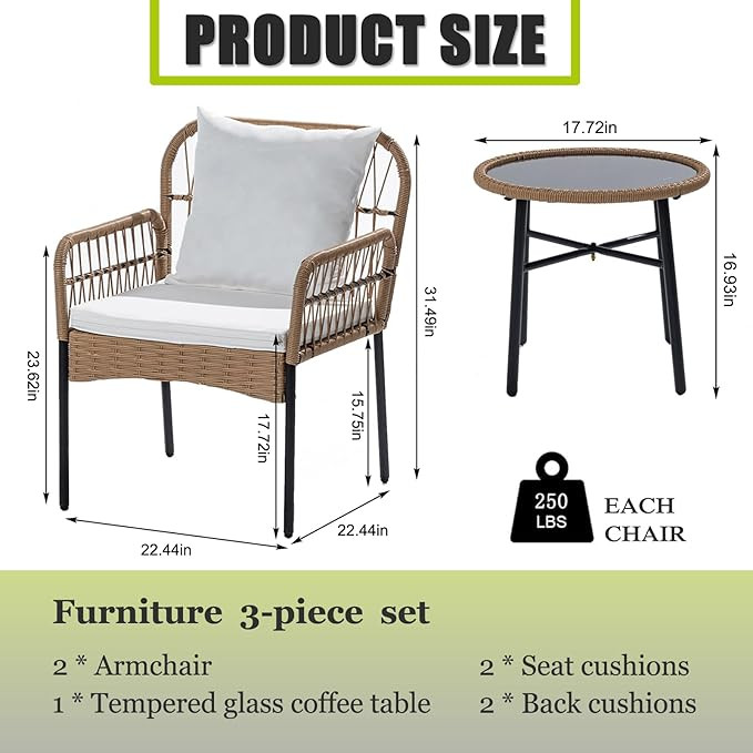 Homsido Beige Wicker Patio Outdoor Bistro Rattan Chair Conversation Sets Boho Furniture Set 3pcs ... | Amazon (US)