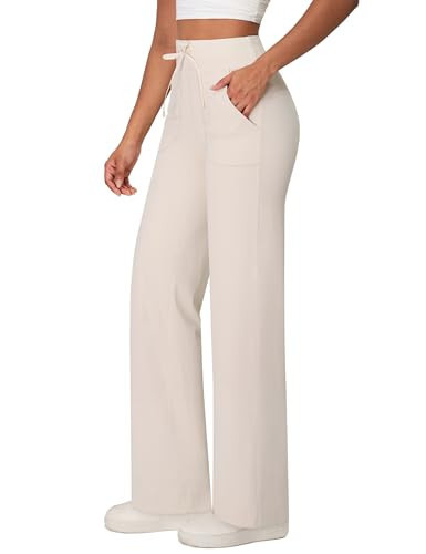 BMJL Womens Yoga Pants Wide Leg Pant with Pockets High Waisted Work Casual Sweatpants(L,Off White) | Amazon (US)