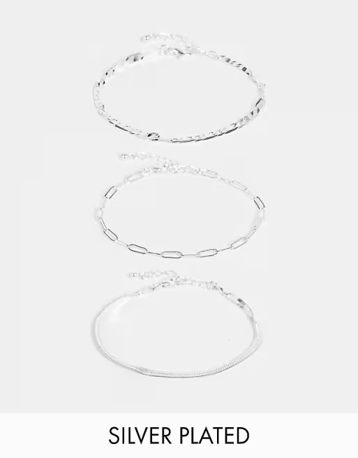 ASOS DESIGN pack of 3 silver plated fine bracelets in mixed chain in silver tone | ASOS (Global)