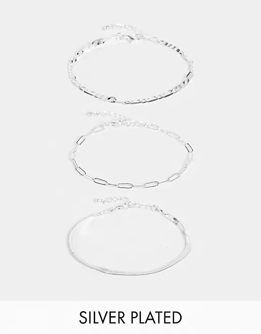 ASOS DESIGN pack of 3 silver plated fine bracelets in mixed chain in silver tone | ASOS (Global)