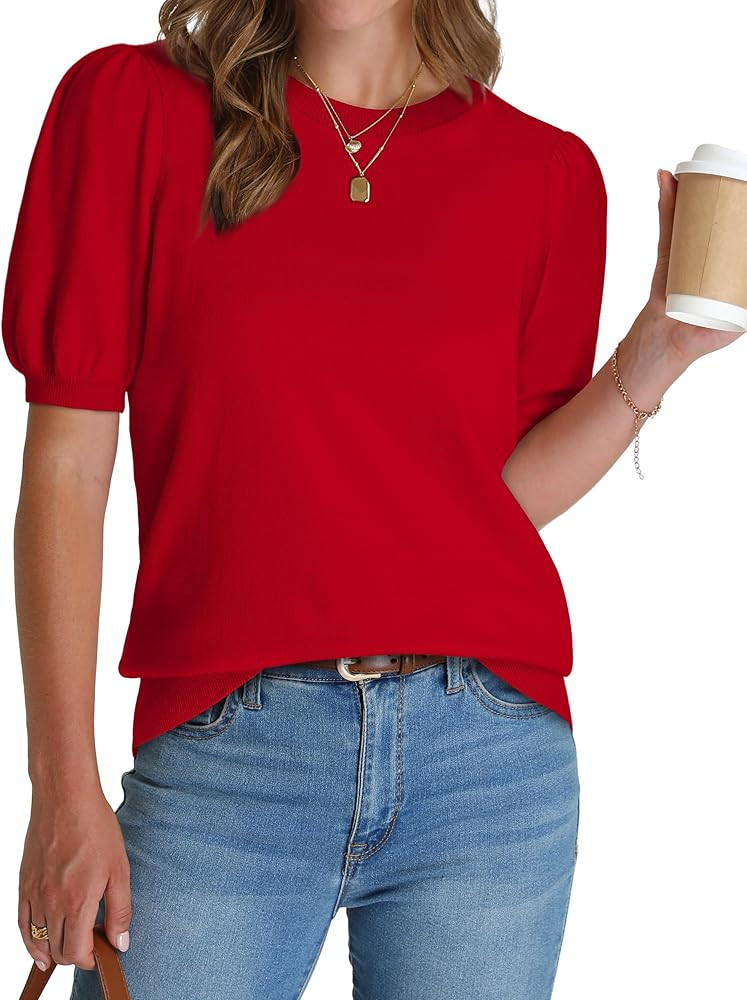 WIHOLL Women's Puff Short Sleeve Sweater 2026 Spring Summer Tops Trendy Business Causal Outfits W... | Amazon (US)