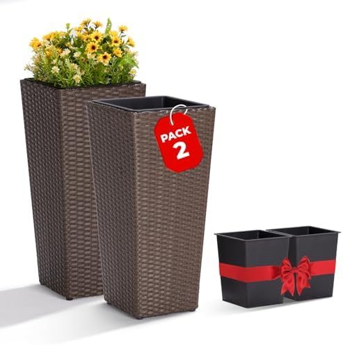 Idzo All Weather Wicker Planters for Outdoor Plants Set of 2, 24 inch Tall Planter for Front Porch, Patio, Balcony, Indoor Usage - Square Rattan Flower Pots, Mocha | Amazon (US)