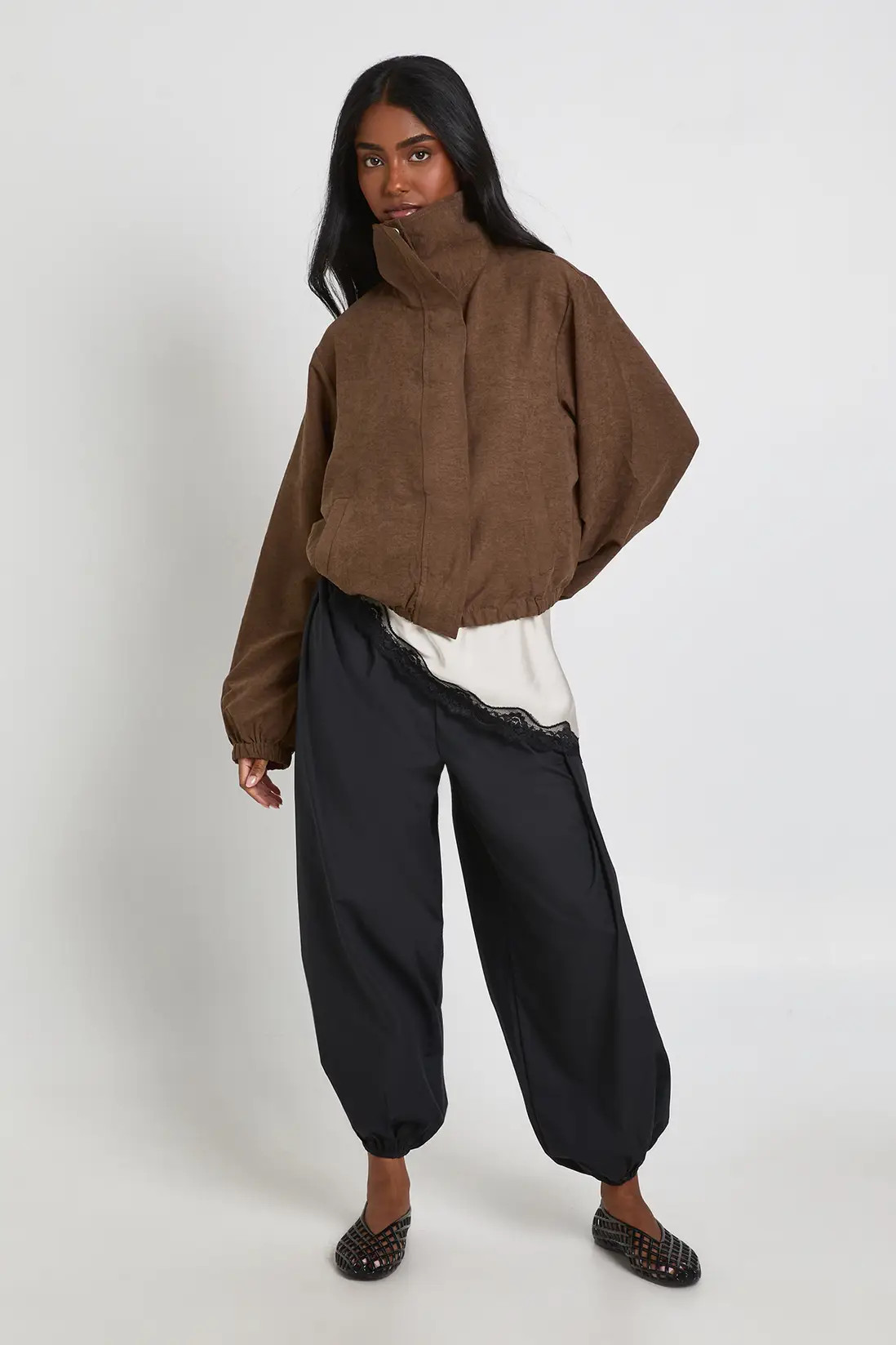 Dark Chocolate Funnel Neck Elasticated Waist Jacket | Boohoo | Boohoo.com (UK & IE)