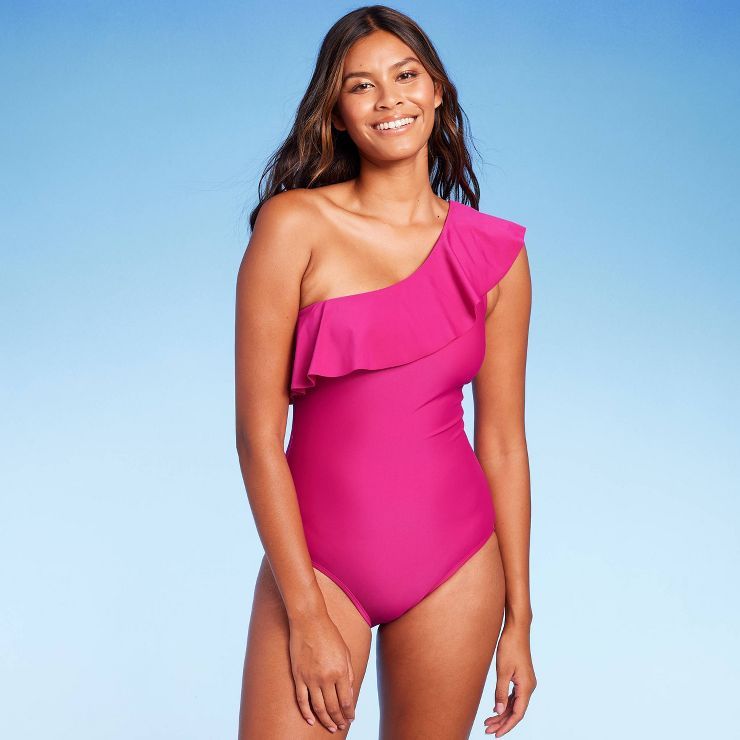 Women's Ruffle One Shoulder Full Coverage One Piece Swimsuit - Kona Sol™ Pink | Target