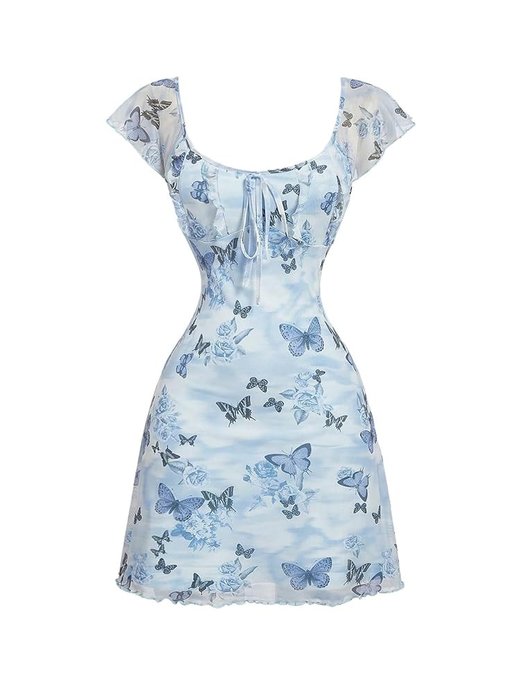 Floerns Women's Floral Print Cap Sleeve Dress Square Neck Tie Front Summer A Line Cute Mini Dress... | Amazon (US)