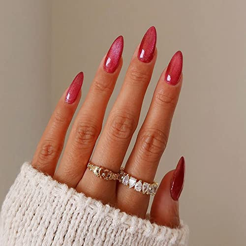 KKUUOO Red Press on Nails Medium Almond Fake Nails Glossy Acrylic Nails Full Cover False Nails with Glitter Design Artificial Nails Jelly Press on Nails Stick on Nails for Women Girls 24Pcs | Amazon (US)
