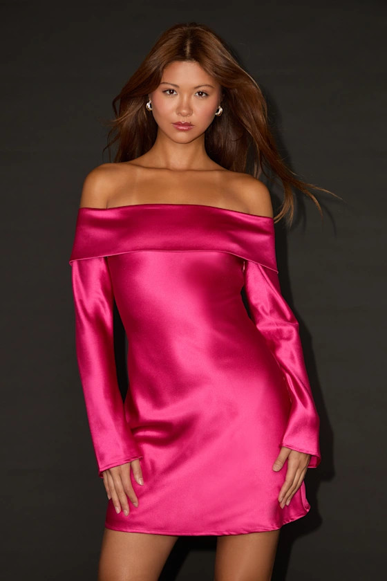 Luxurious Vision Berry Pink Satin Off-the-Shoulder Mini Dress | Lulus