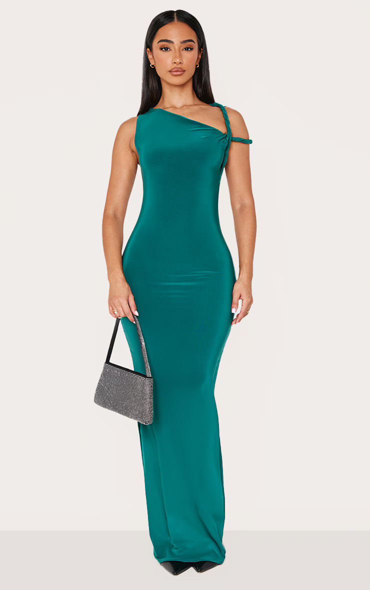 Petite Emerald Green Twist Shoulder Slinky Maxi Dress | PrettyLittleThing US