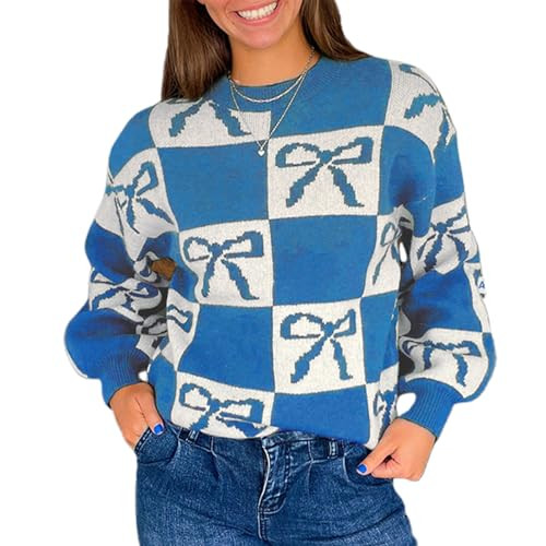 Women Y2k Bow Sweater Color Block Checkered Knitted Pullover Sweater Tops Oversized Knitwear Cutecore Clothes (Blue, M) | Amazon (US)
