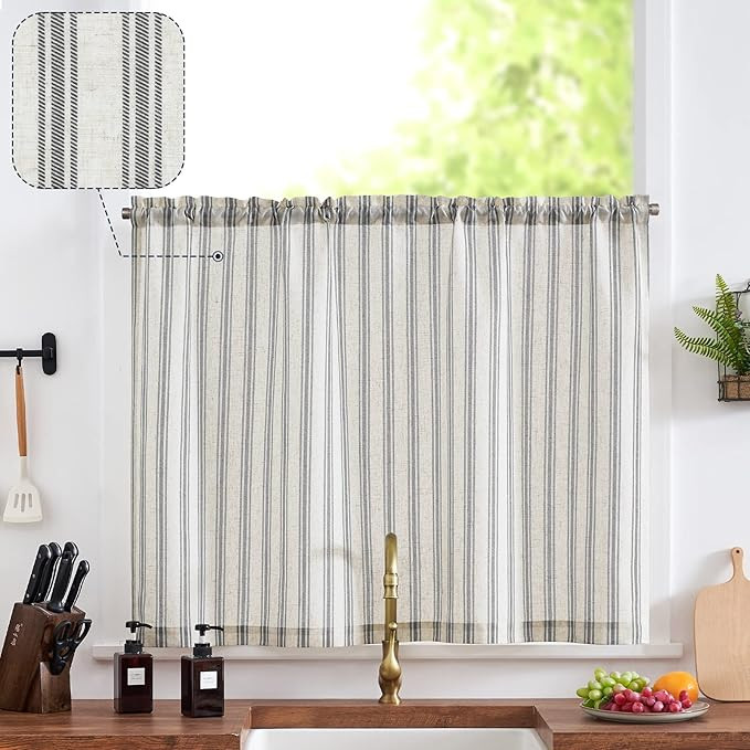 jinchan- Jinchan Kitchen Curtain Linen Tier Curtain Striped Cafe Curtain 24 Inch Stripe Small Win... | Amazon (CA)