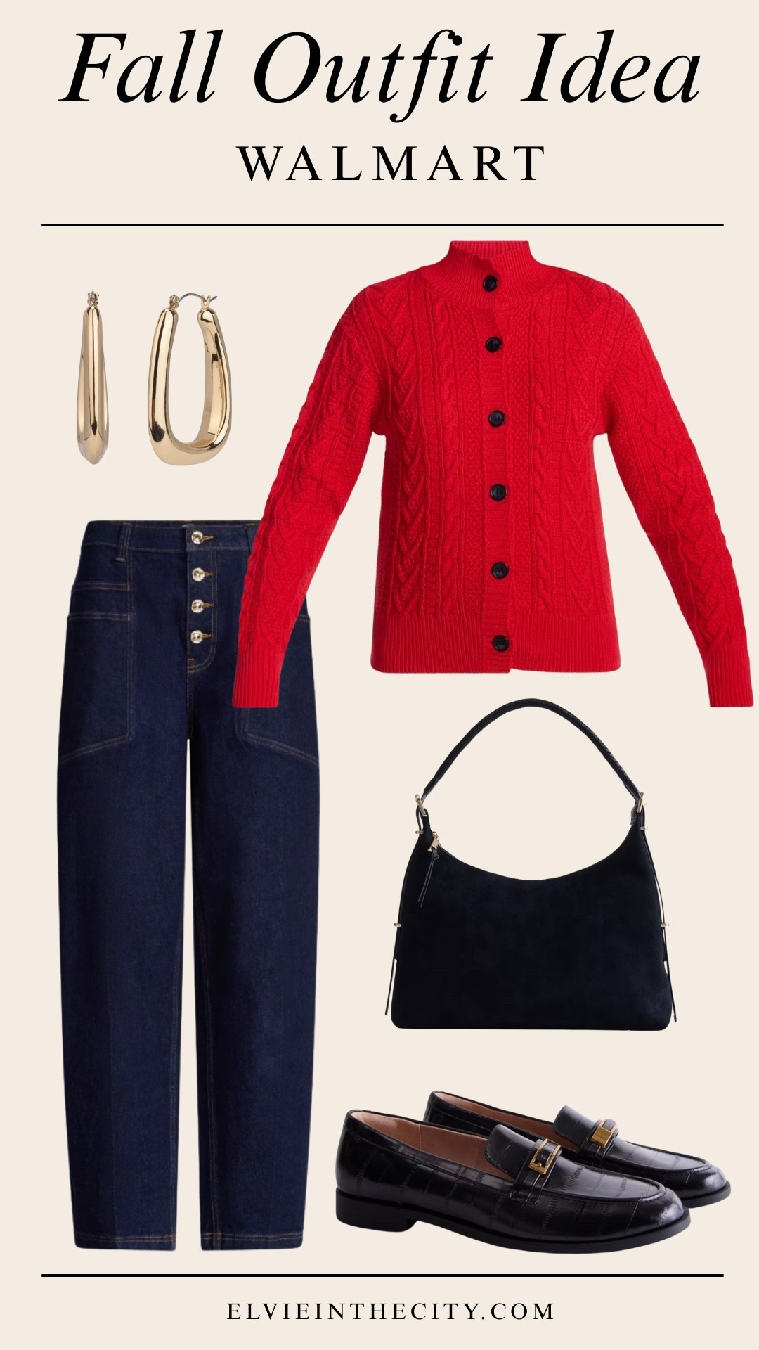 This fall outfit idea from Walmart includes a red cable cardigan sweater, high rise tapered pants, black buckle loafers, gold toned metal hoops, and a black shoulder bag. 

Walmart finds, over 50 style, midlife fashion, petite fashion,midlife women, affordable fashion, fashion over40

#LTKOver40 #LTKPetite #LTKootd