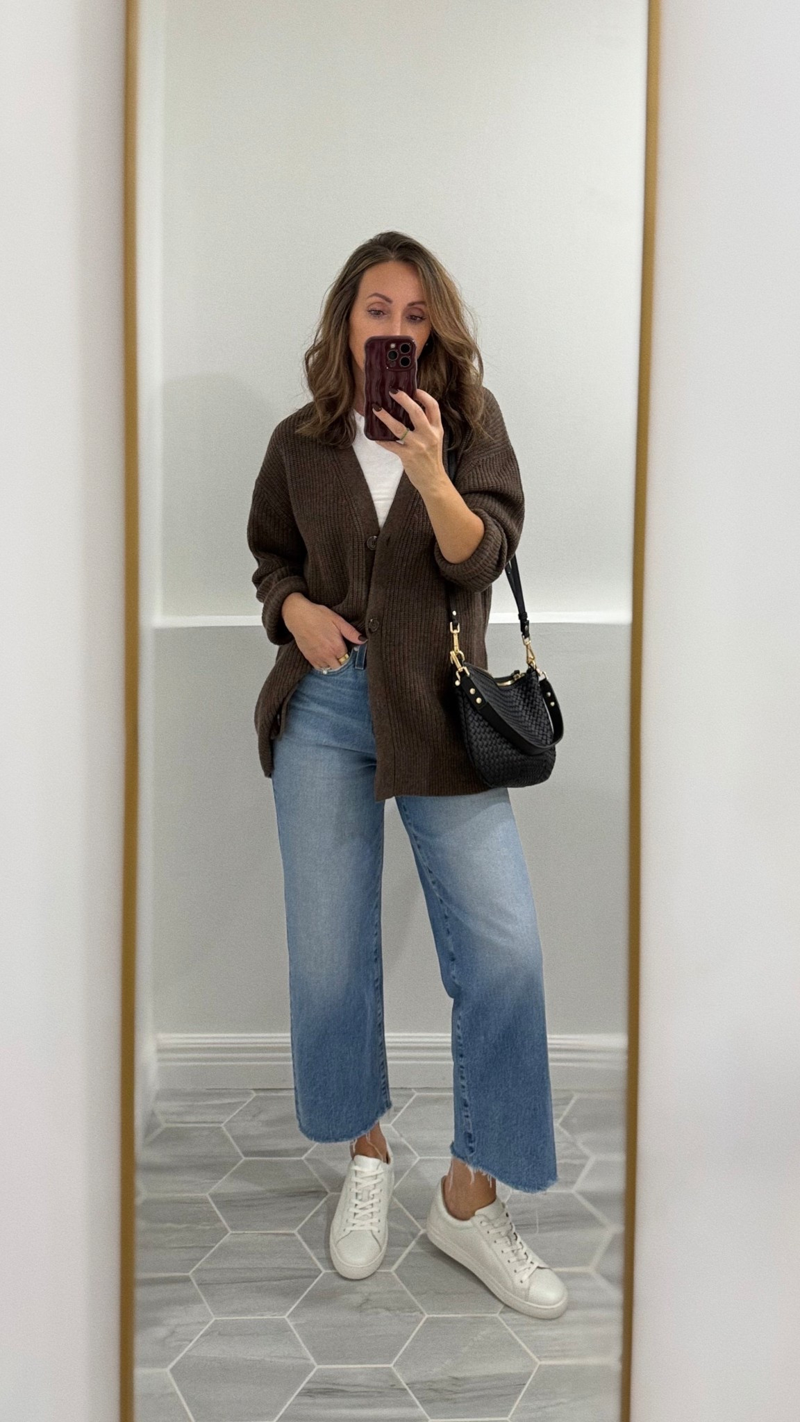 Boyfriend cashmere cardigan in xs. It does come in two more lengths (linked). 
I sized up in leather sneakers per reviews.  
Jeans tts.  
Been loving this bag (in small size). Fits a lot.  



#LTKSeasonal #LTKSaleAlert #LTKItBag