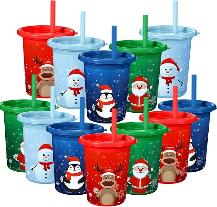 Nuanchu 12 Pcs Christmas Cups with Straws and Lids 10 oz Plastic Reusable Cups for Xmas Party Gif... | Amazon (US)