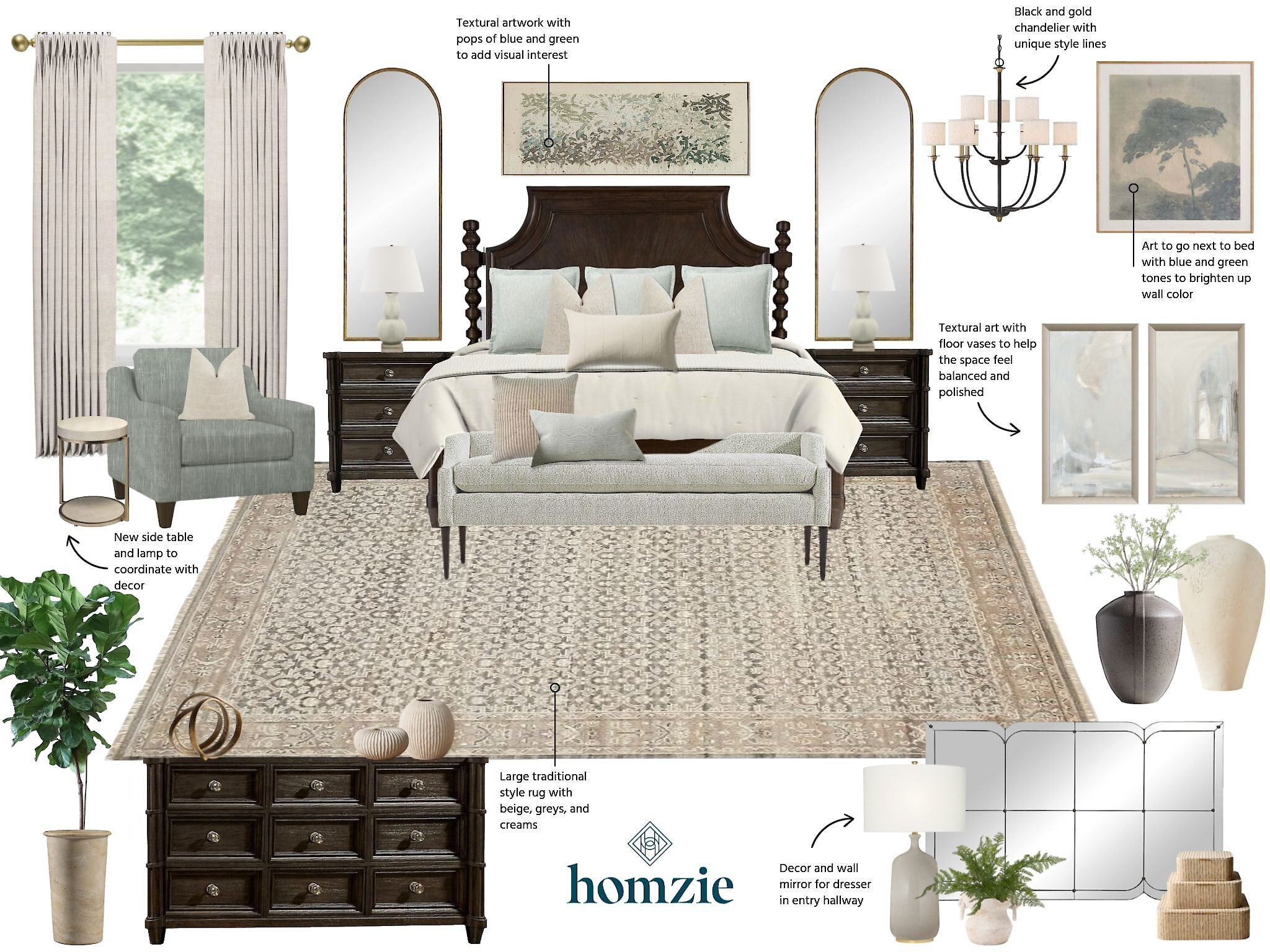 This is a bedroom with soft elegance and classic elements. It features:  
Dark Wood Bed, Floor Mirrors, Textural Artwork, Tufted Bench, Traditional Rug, Black Chandelier. 

 

#LTKHome #LTKSaleAlert #LTKStyleTip