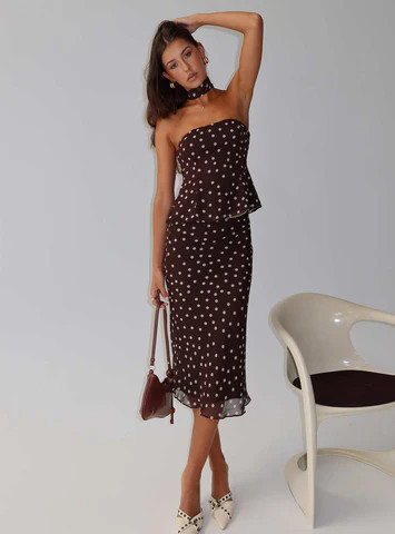 Sydni Midi Bias Cut Skirt Chocolate / Pink Polka | Princess Polly US