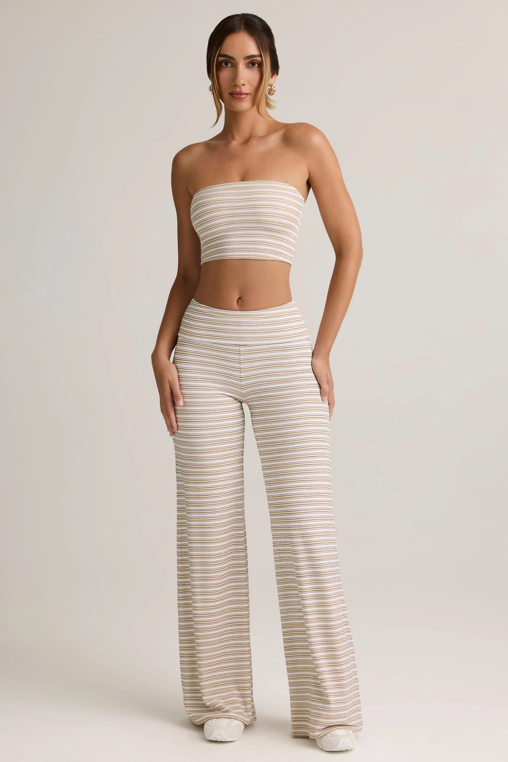Modal Ribbed Foldover Wide-Leg Trousers in Pink & Yellow Stripe | Oh Polly