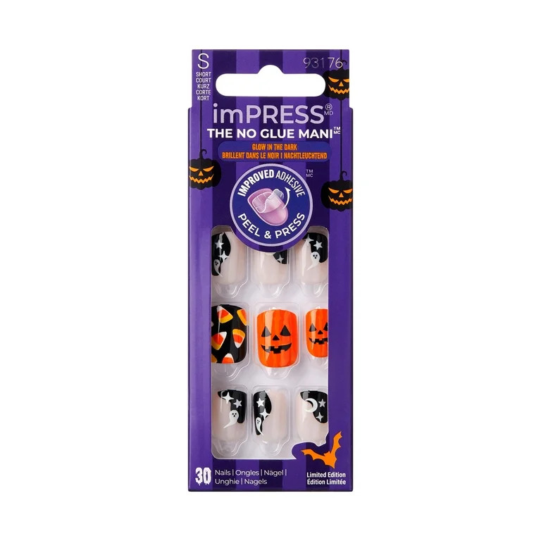 KISS imPRESS No Glue Needed Press On Nails, Design Glow in the Dark, Lazy Bones, Orange, Short Sq... | Walmart (US)