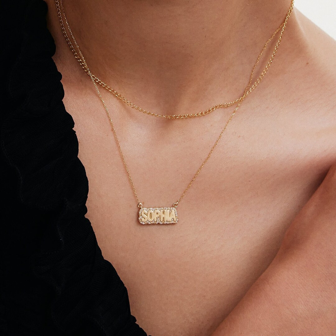 Diamond Name Necklace in 14K Solid Gold | Bubble Name Necklace for Women | 14K Gold Personalized ... | Etsy (US)